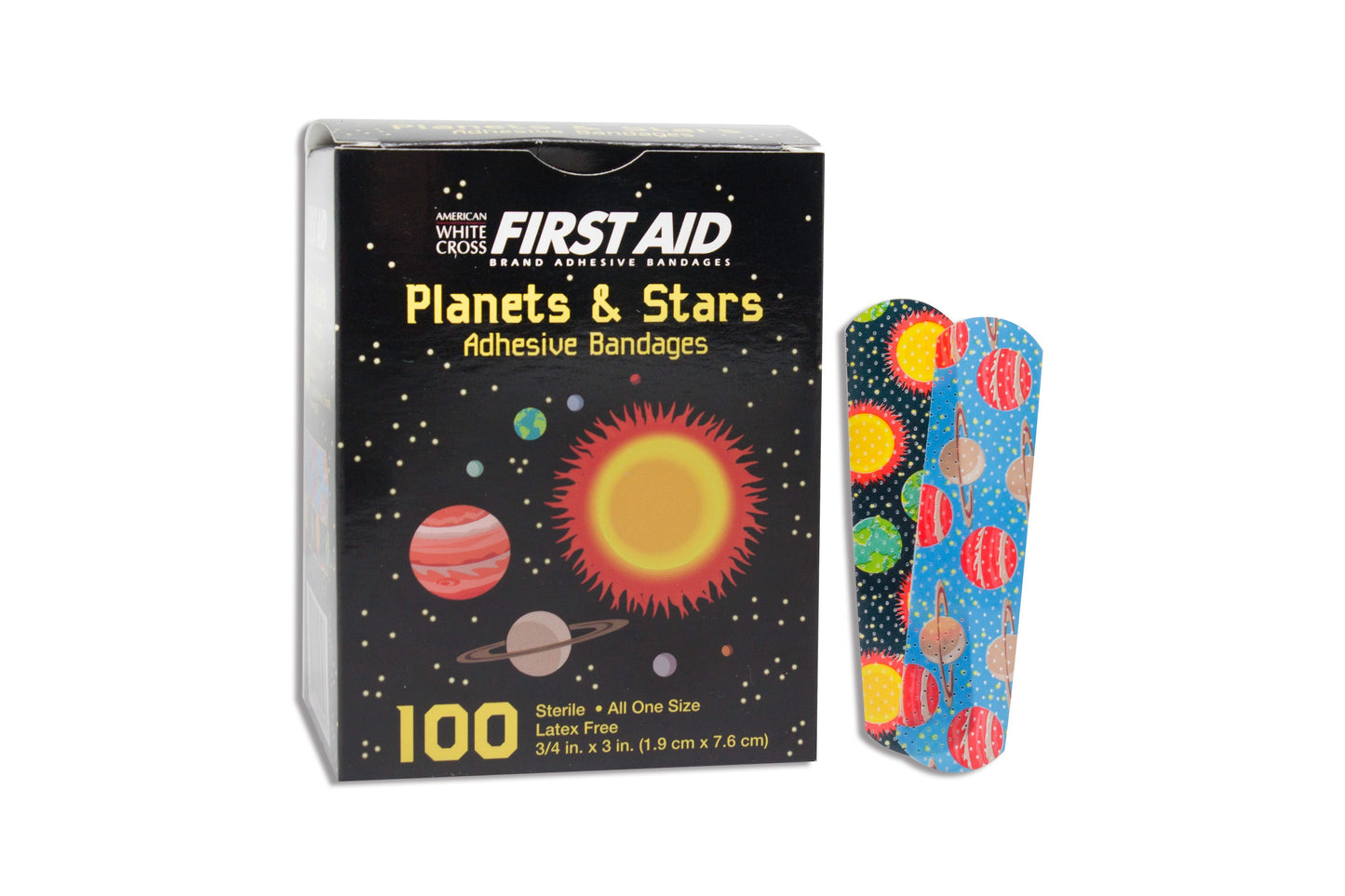 American® White Cross Adhesive Strip 5/8 X 2-1/4 Inch Plastic Rectangle Kid Design (Planets / Stars) Sterile (865427_BX)