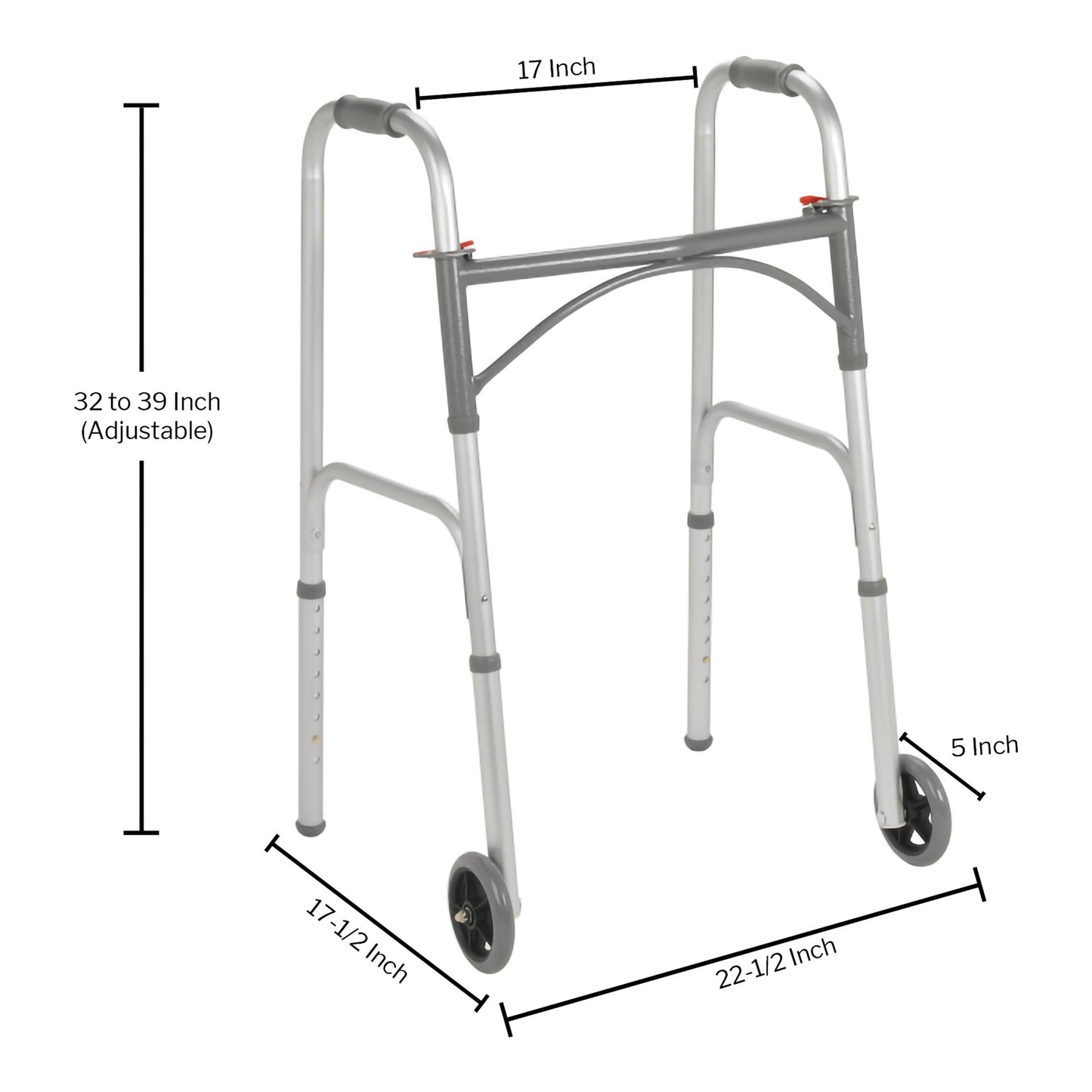 McKesson Dual Release Folding Walker with Wheels Adjustable Height Steel Frame 350 lbs. Weight Capacity 32 to 39 Inch Height (1128891_EA)