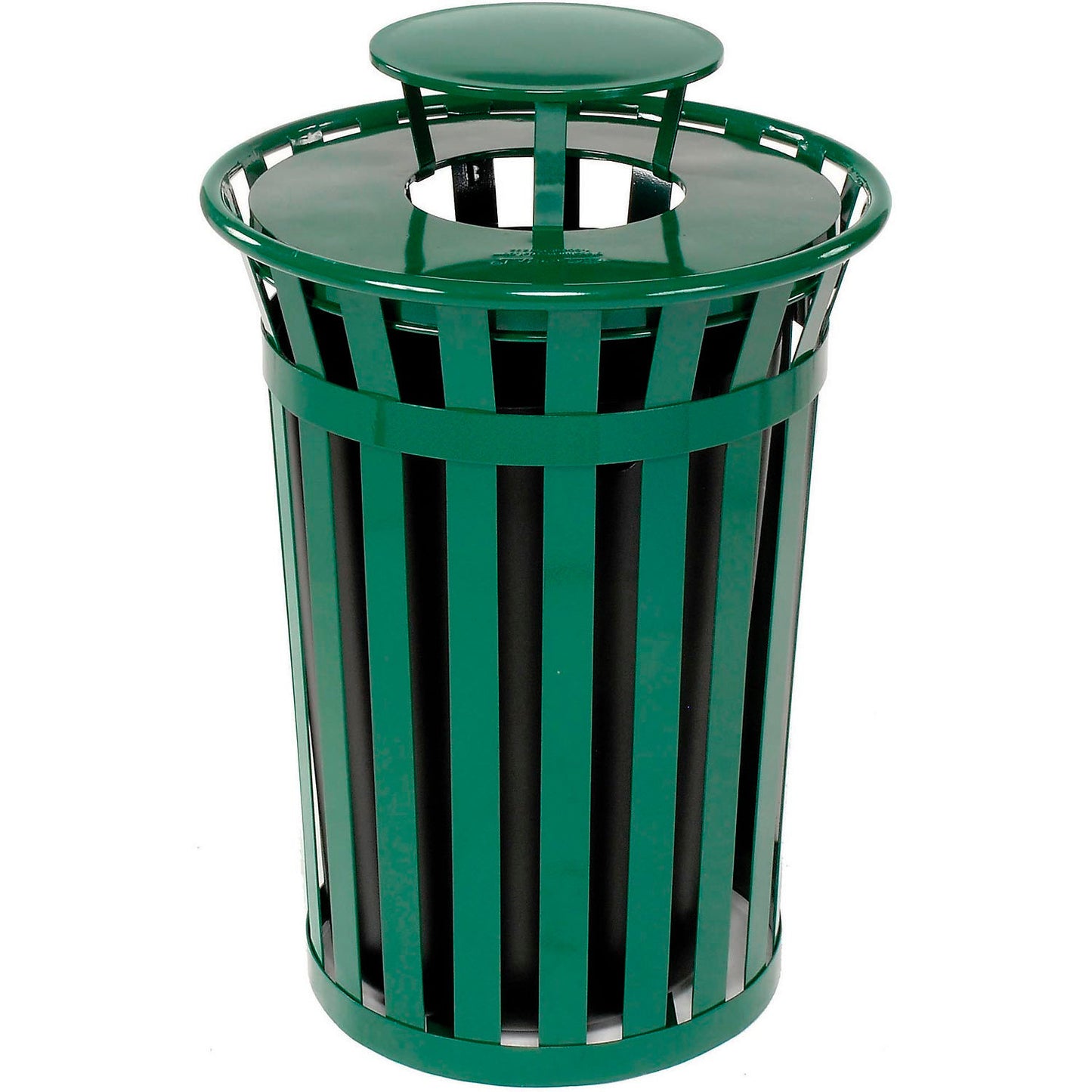 Global Industrial Outdoor Slatted Steel Trash Can With Rain Bonnet Lid, 36 Gallon, Green (WB260804GN)