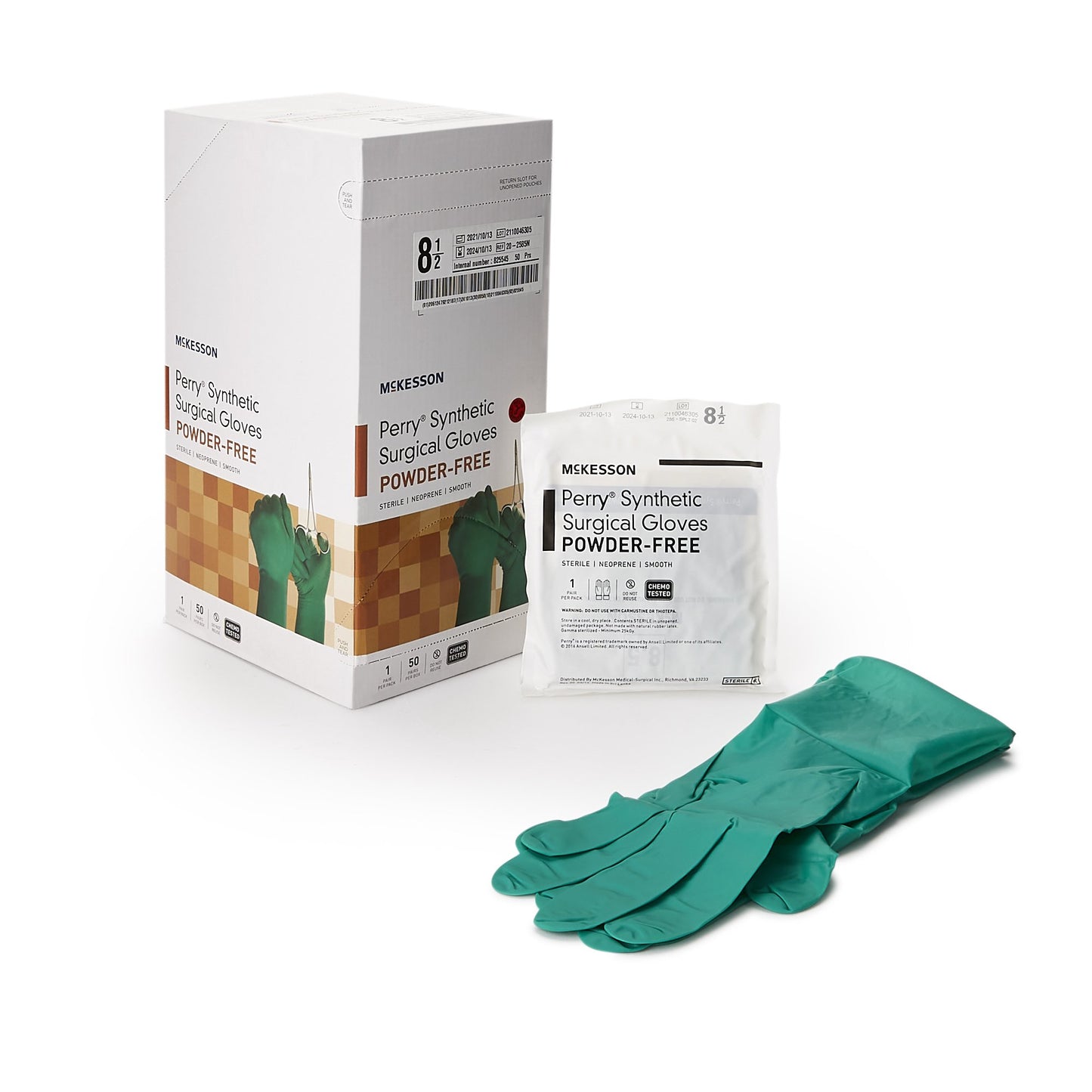 McKesson Perry® Performance Plus Surgical Glove Size 8.5 Sterile Polychloroprene Standard Cuff Length Smooth Dark Green Chemo Tested (1044741_CS)