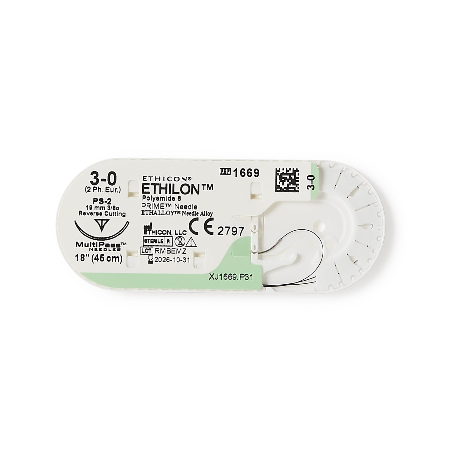 Ethilon™ Nonabsorbable Suture with Needle Nylon PS-2 3/8 Circle Precision Reverse Cutting Needle Size 3-0 Monofilament (130320_DZ)