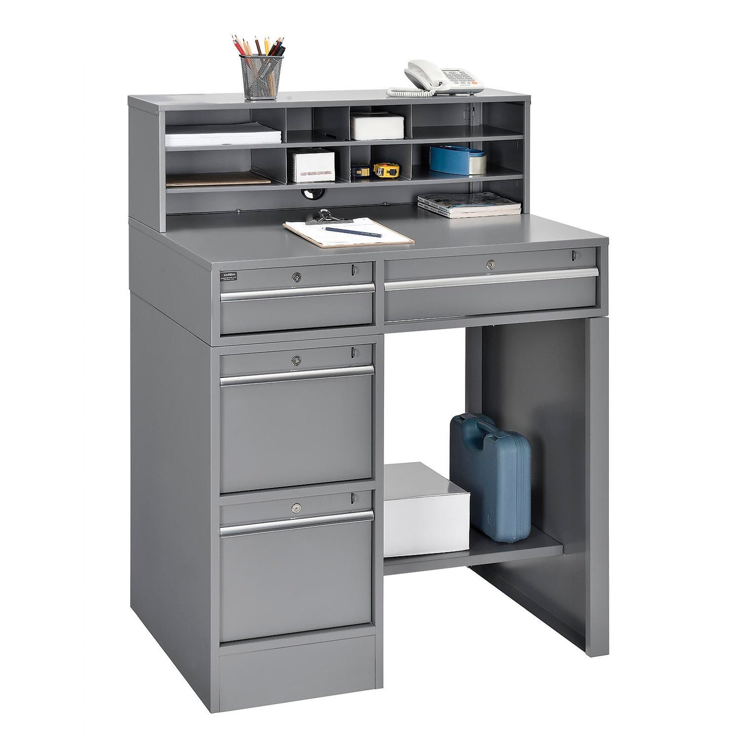Global Industrial Pedestal Shop Desk w/ 4 Drawers & Shelf, 38"W x 29"D, Gray (WB319063)