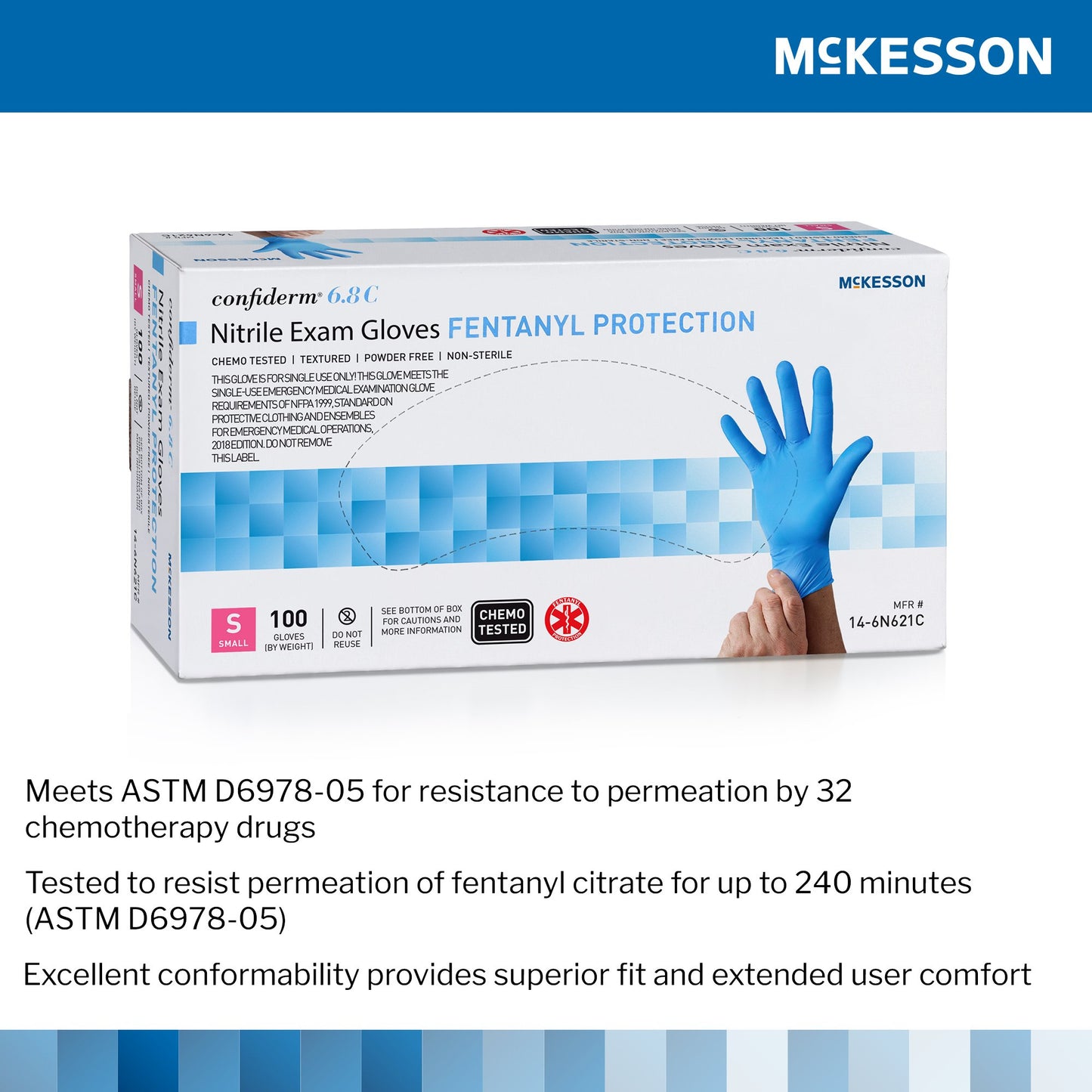 McKesson Confiderm® 6.8C Exam Glove Small NonSterile Nitrile Standard Cuff Length Fully Textured Blue Chemo Tested / Fentanyl Tested (1225743_BX)