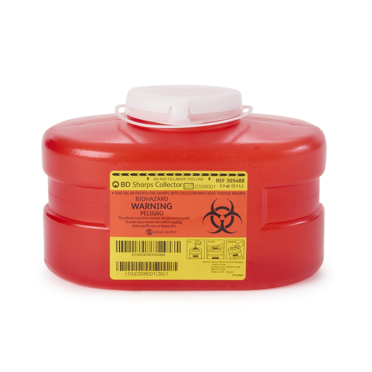 BD™ Sharps Container Red Base 5-3/10 H X 9-1/10 W X 5 D Inch Vertical Entry 0.825 Gallon (140598_CS)