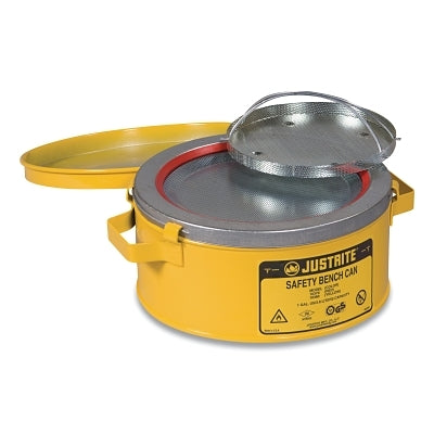 Justrite Bench Can, Hazardous Liquid Cleaning Can, 1 gal, Yellow with Parts Basket (400-10380)