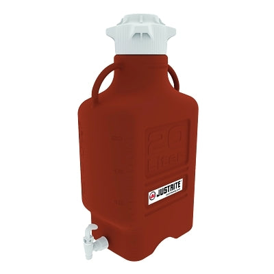 Justrite High Density Polyethylene (HDPE) Carboy, 5.3 gal, 25.2 in H x 8.1 in W x 15.25 in L, Amber, Cap and Spigot (400-12926)