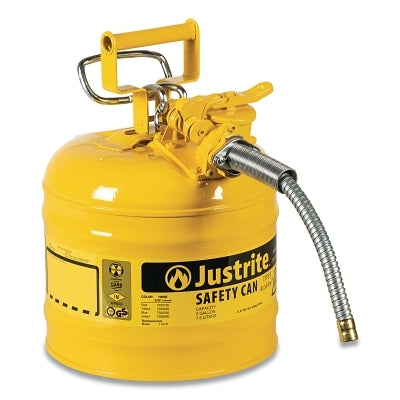 Justrite Type II AccuFlow™ Safety Can, Diesel, 2 gal, Yellow, Includes 5/8 in OD Flexible Metal Hose (400-7220220)