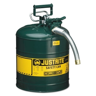 Justrite Type II AccuFlow™ Safety Can, Oil, 5 gal, Green, Includes 1 in OD Flexible Metal Hose (400-7250430)