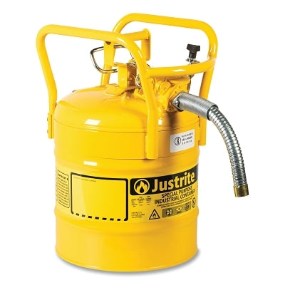 Justrite Type II AccuFlow™ DOT Steel Safety Can, 5 gal, Yellow, 1 in Metal Hose, Roll Bars (400-7350230)