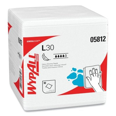 Kimberly-Clark WypAll* L30 Wipers, White, 12 in W x 12-1/2 in L, 1/4 Fold, 90 per Pack/ 12 Pack per Case (993-05812)
