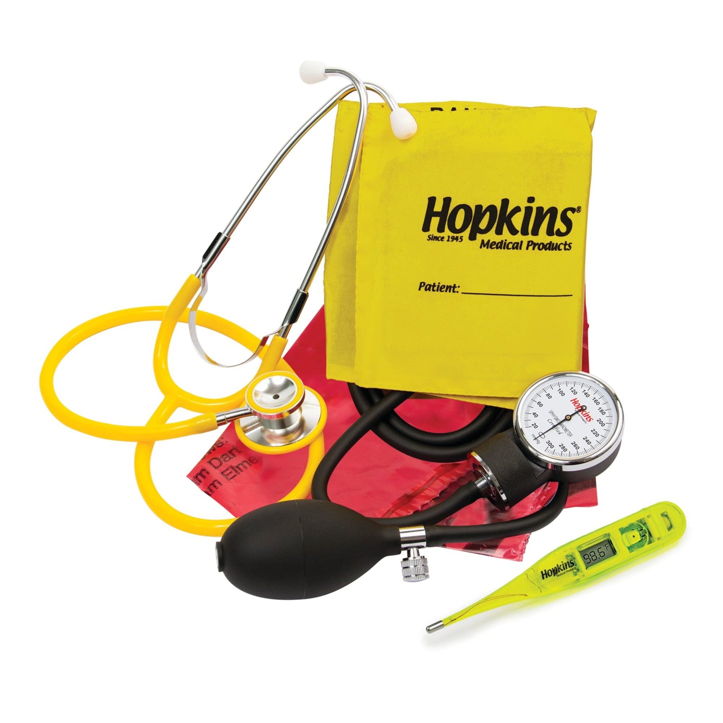 ISO Single Patient Use Vital Signs Kit with thermometer Adult Cuff Dual Head Sprague Stethoscope Pocket Aneroid (832507_EA)
