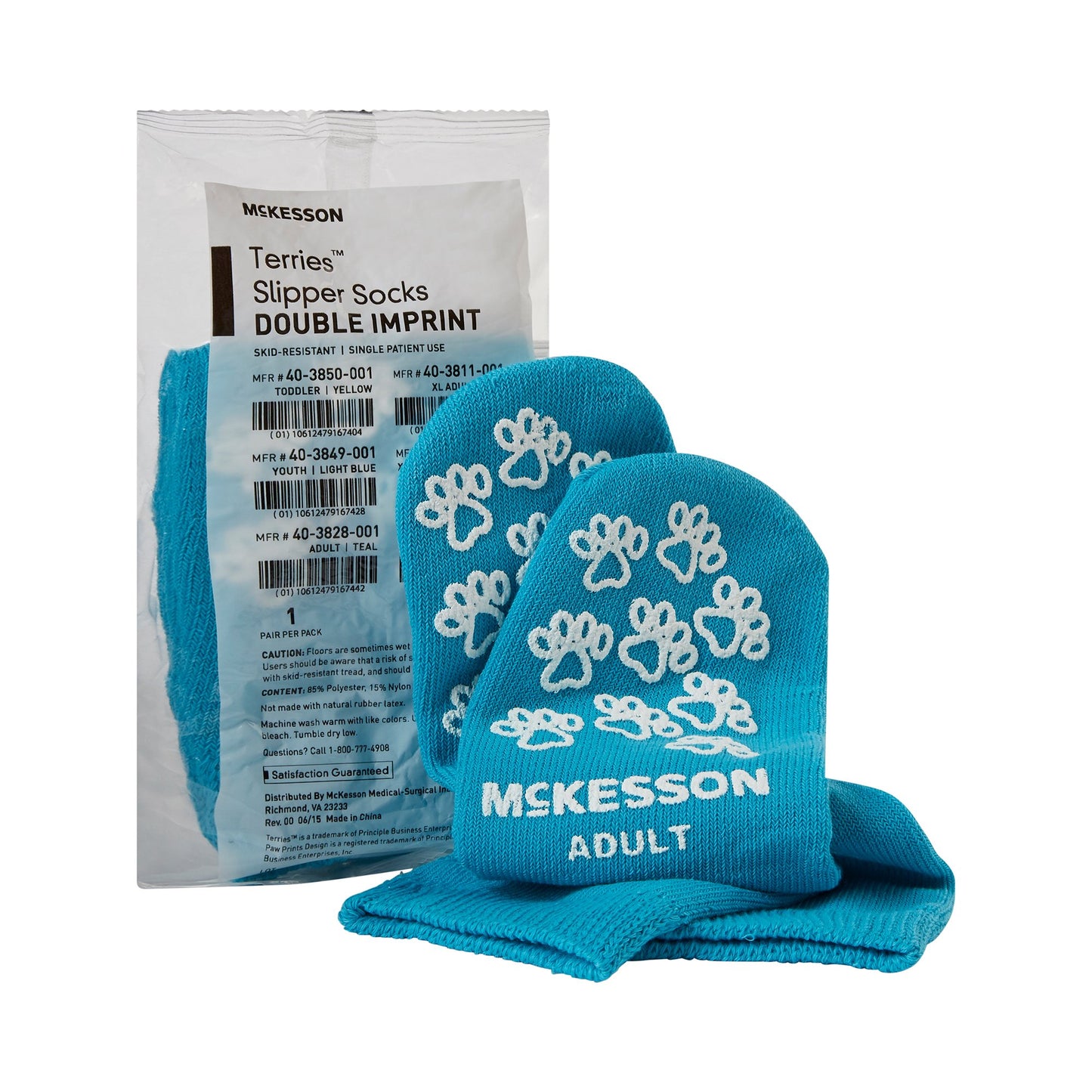 McKesson Terries™ Slipper Socks Unisex Adult One Size Fits Most Double Tread Single Patient Use Teal (558994_PR)