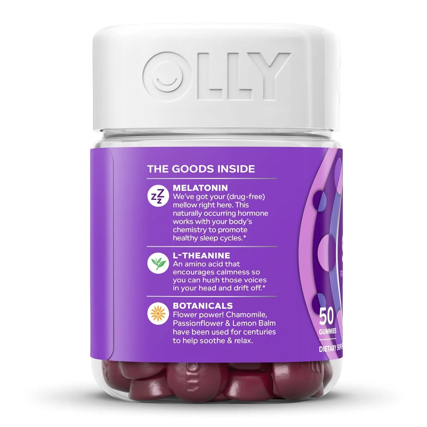 OLLY® Sleep Dietary Supplement L-Theanine / Melatonin / Botanicals 100 mg - 3 mg - 16 to 17 mg Strength Gummy 50 per Bottle Blackberry Zen Flavor (1228383_BT)