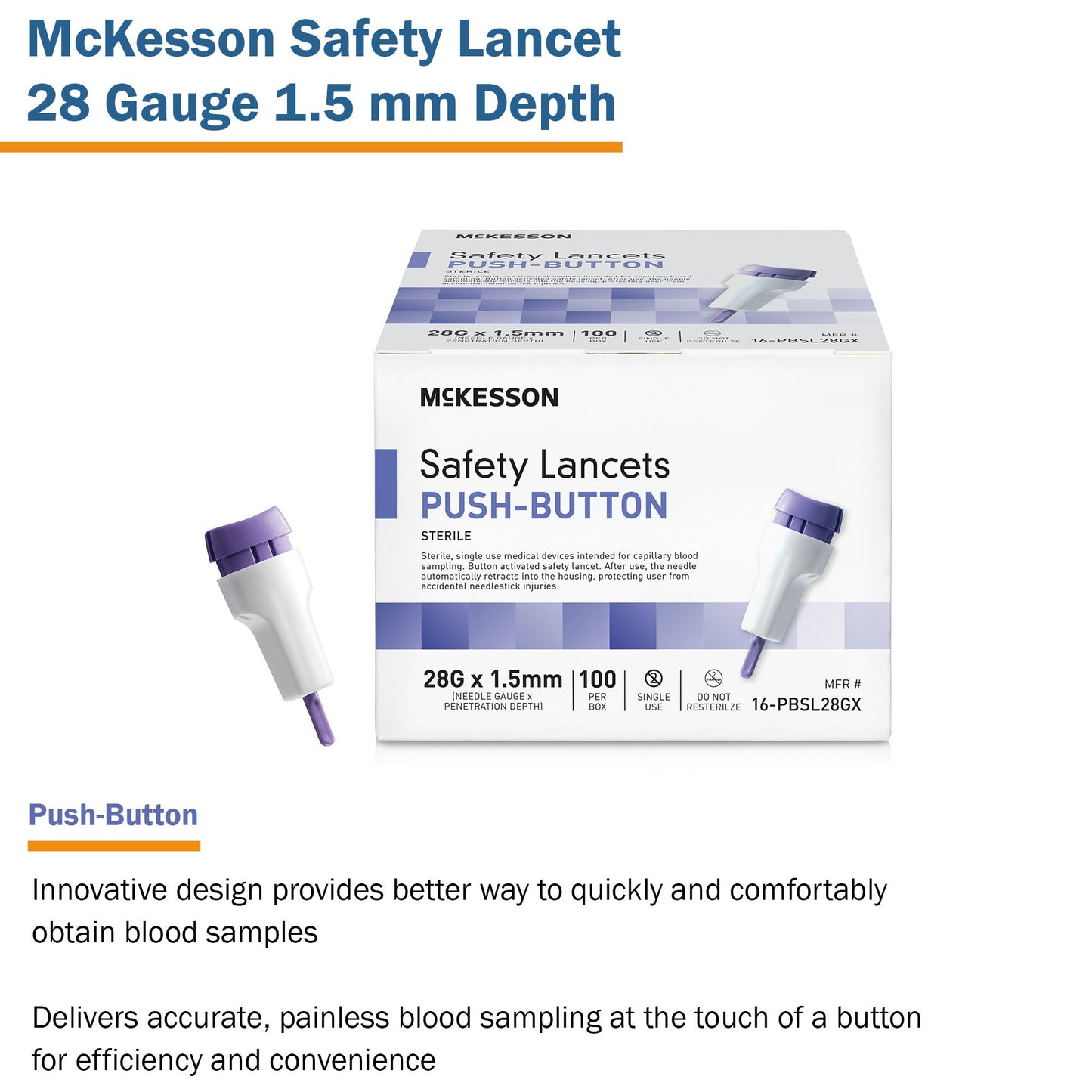 McKesson Safety Lancet 28 Gauge Retractable Push Button Activation Finger (1217991_BX)