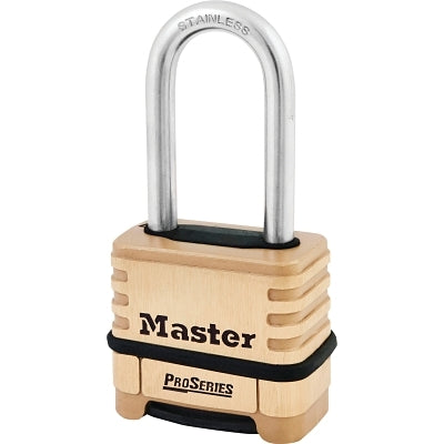 Master Lock Company ProSeries® Resettable Combination Padlock, 5/16 in dia x 1 in W x 2-1/16 in H SS Shackle, Brass, Carded (470-1175LHSS)