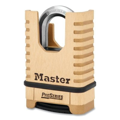 Master Lock Company ProSeries® Resettable Combination Padlock, 3/8 in dia x 15/16 in W x 1-1/16 in H Shackle, Shrouded Brass, Boxed (470-1177)