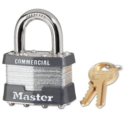 Master Lock Company No. 1 Laminated Steel Padlock, 5/16 in dia, 3/4 in W x 15/16 in H Shackle, Silver/Gray, Keyed Alike, Keyed A1384 (470-1KA-A1384)