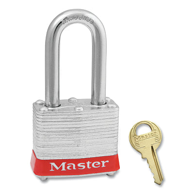Master Lock Company No. 3 Laminated Steel Padlock, 9/32 in dia, 5/8 in W x 2 in H Shackle, Silver/Red, Keyed Alike, Keyed 3341 (470-3KALHRED-3341)