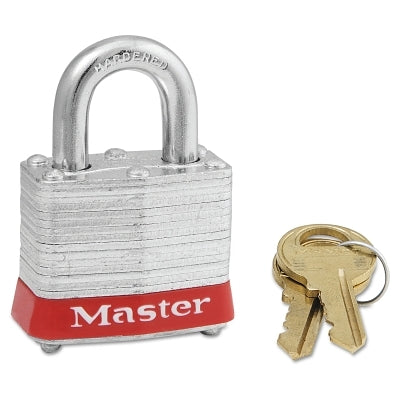 Master Lock Company No. 3 Laminated Steel Padlock, 9/32 in dia, 5/8 in W x 3/4 in H Shackle, Silver/Red, Keyed Alike, Keyed 0774 (470-3KARED-0774)