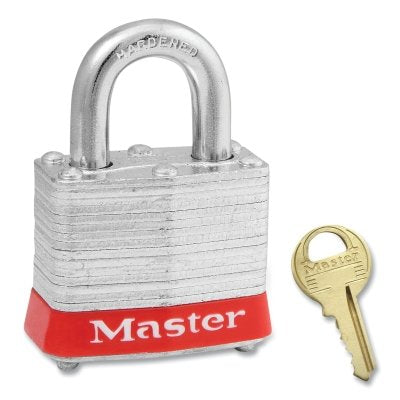 Master Lock Company No. 3 Laminated Steel Padlock, 9/32 in dia, 5/8 in W x 3/4 in H Shackle, Silver/Red, Keyed Alike, Keyed 0863 (470-3KARED-0863)
