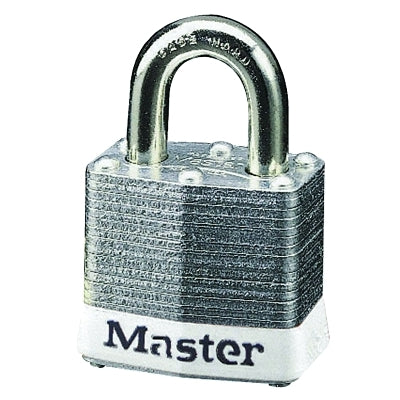 Master Lock Company No. 3 Laminated Steel Padlock, 9/32 in dia, 5/8 in W x 3/4 in H Shackle, Silver/White, Keyed Different, Varies (470-3WHT)