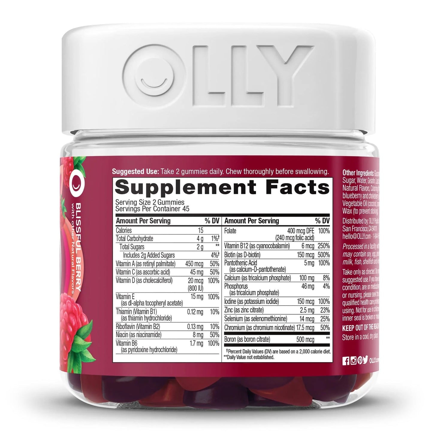 OLLY® Women's Multi Multivitamin Supplement MultiVitamins With Folic Acid Assorted Strengths - 240 mcg Gummy 90 per Bottle Blissful Berry Flavor (1228372_BT)