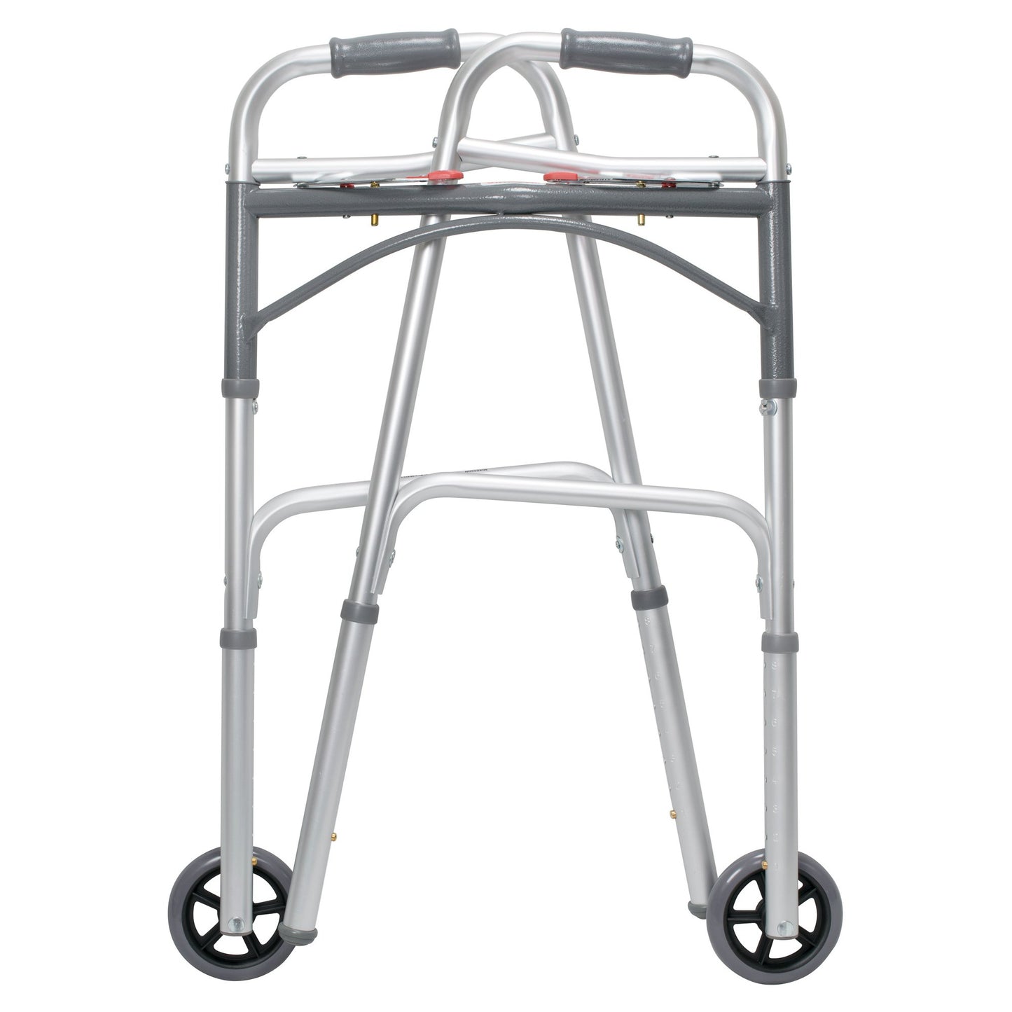 McKesson Dual Release Folding Walker with Wheels Adjustable Height Aluminum Frame 350 lbs. Weight Capacity 32 to 39 Inch Height (1073638_CS)