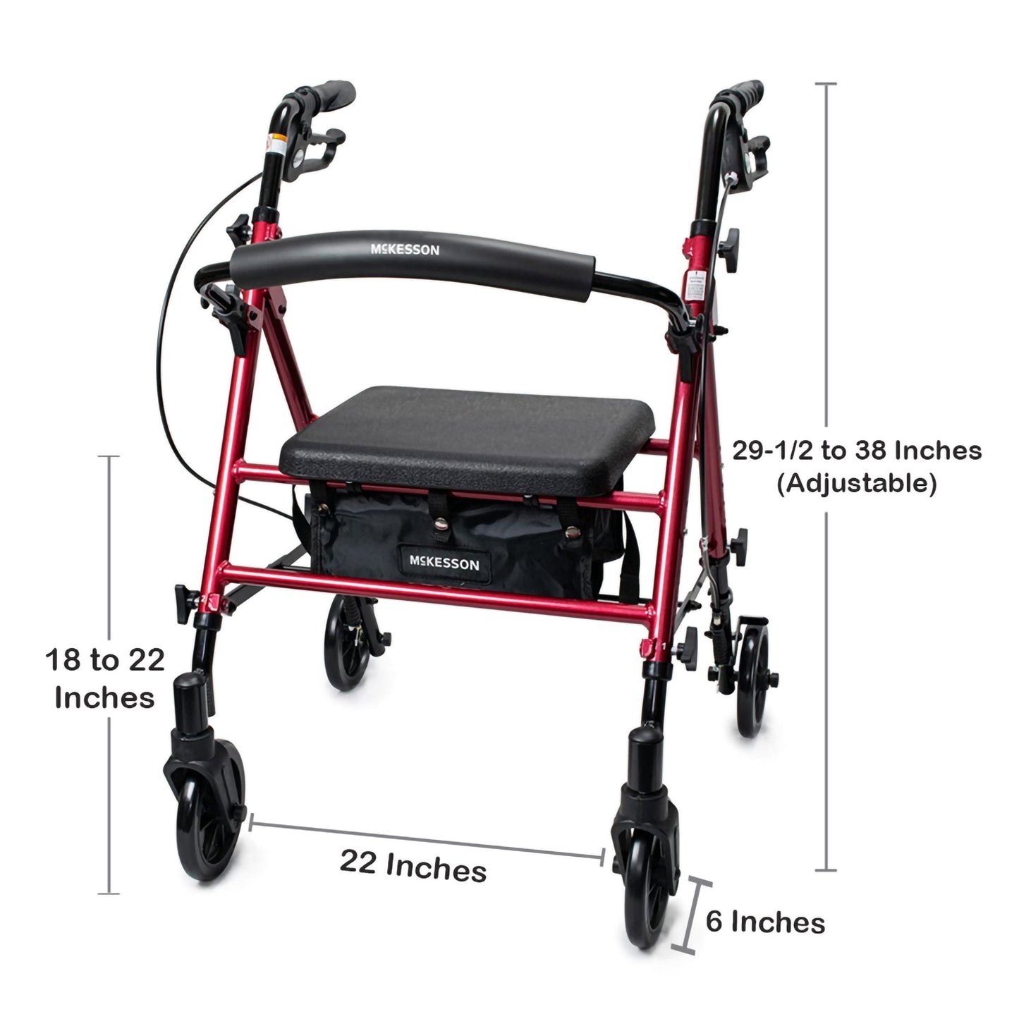 McKesson 4 Wheel Rollator Red Adjustable Height / Folding Aluminum Frame (1095248_EA)