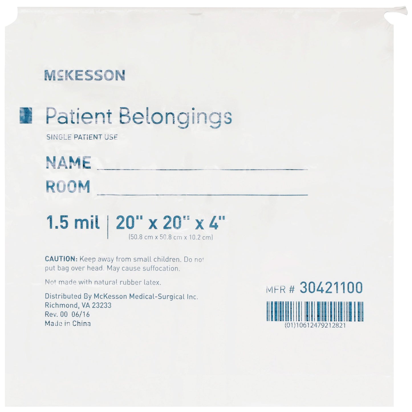 McKesson Patient Belongings Bag 4 X 20 X 20 Inch Polyethylene Drawstring Closure White (447753_CS)