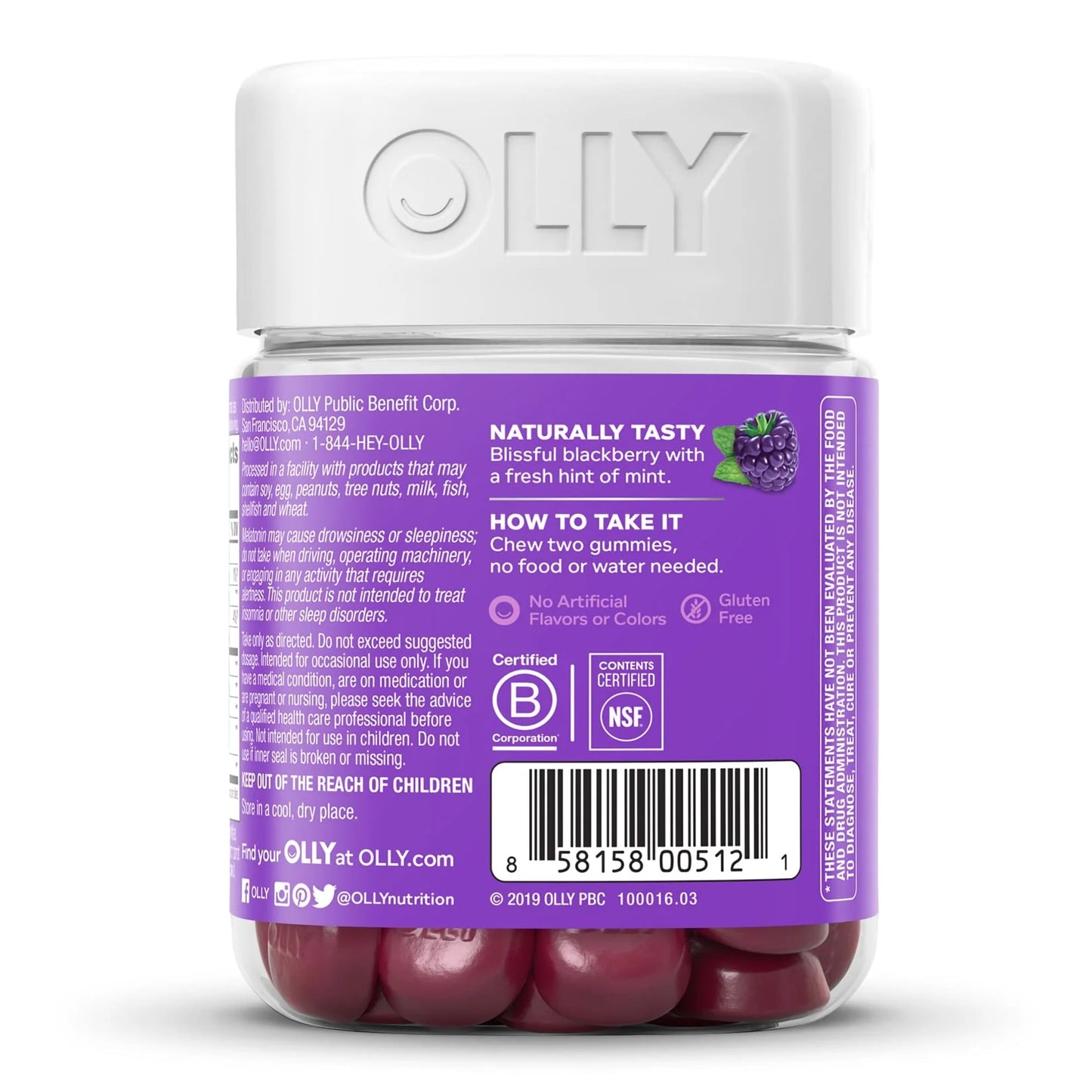 OLLY® Sleep Dietary Supplement L-Theanine / Melatonin / Botanicals 100 mg - 3 mg - 16 to 17 mg Strength Gummy 50 per Bottle Blackberry Zen Flavor (1228383_BT)