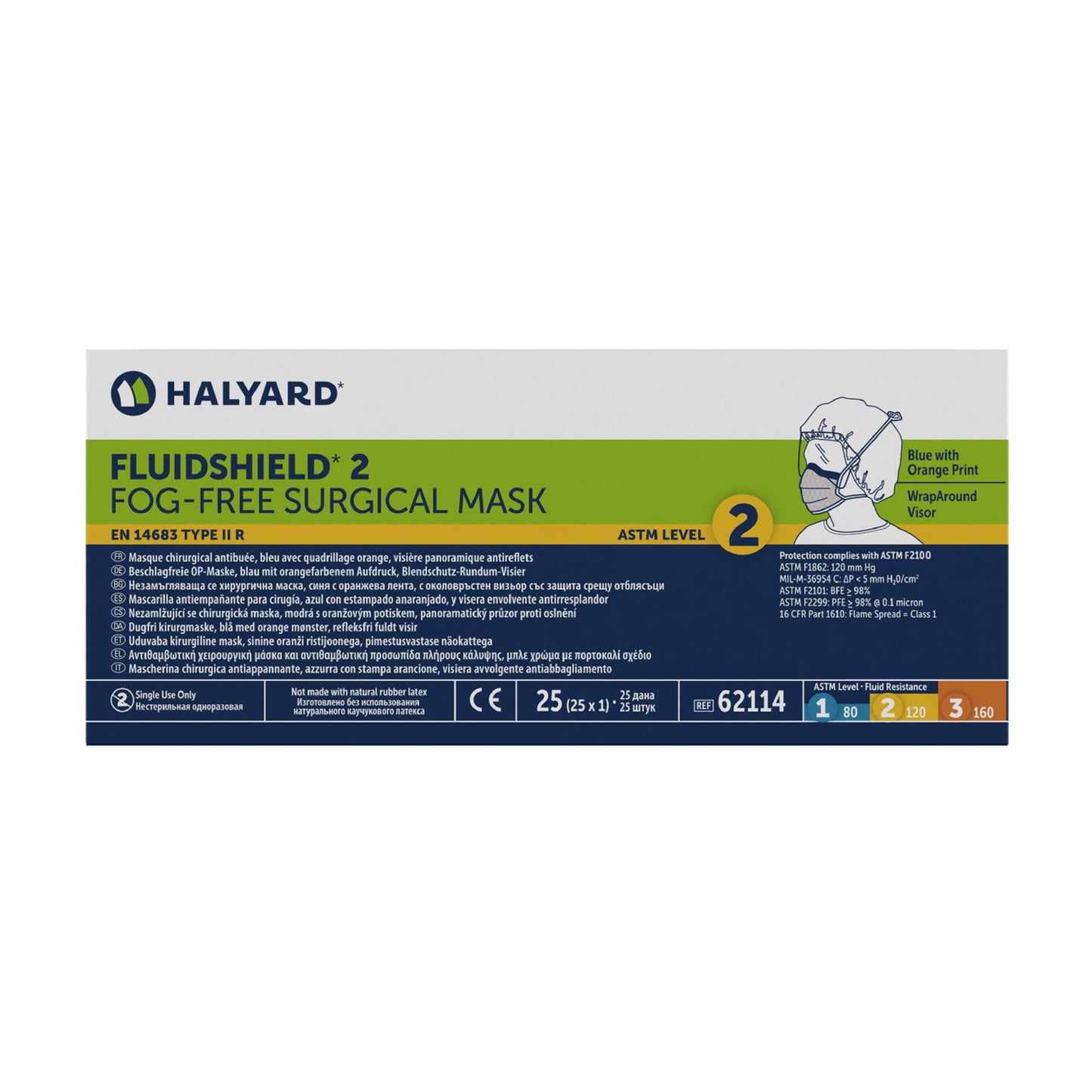 FluidShield Surgical Mask with Eye Shield Anti-fog Foam ASTM F2100-11 Level 2 Tie Closure One Size Fits Most (199537_BX)