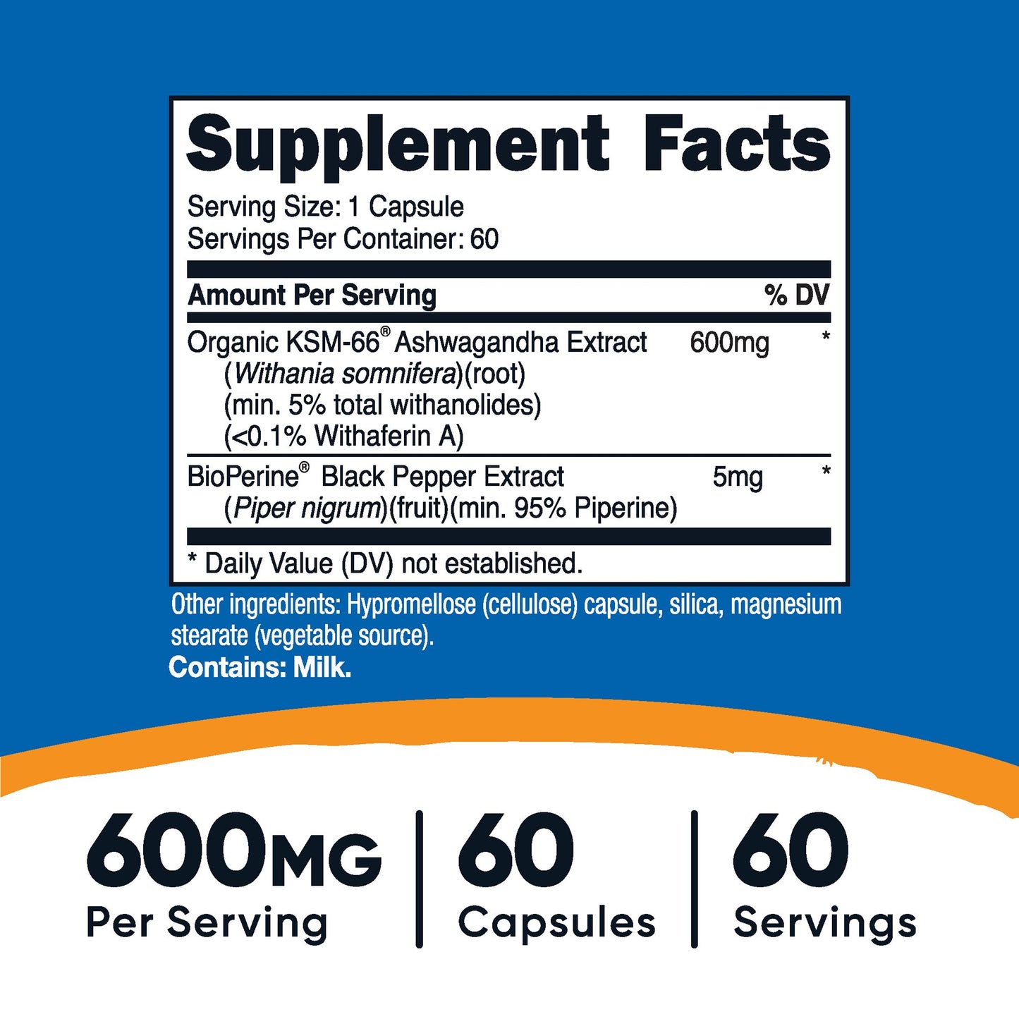nutricost® KSM-66® Dietary Supplement Ashwagandha Extract / Black Pepper Extract 600 mg - 5 mg Strength Capsule 60 Per Bottle (1270264_BT)