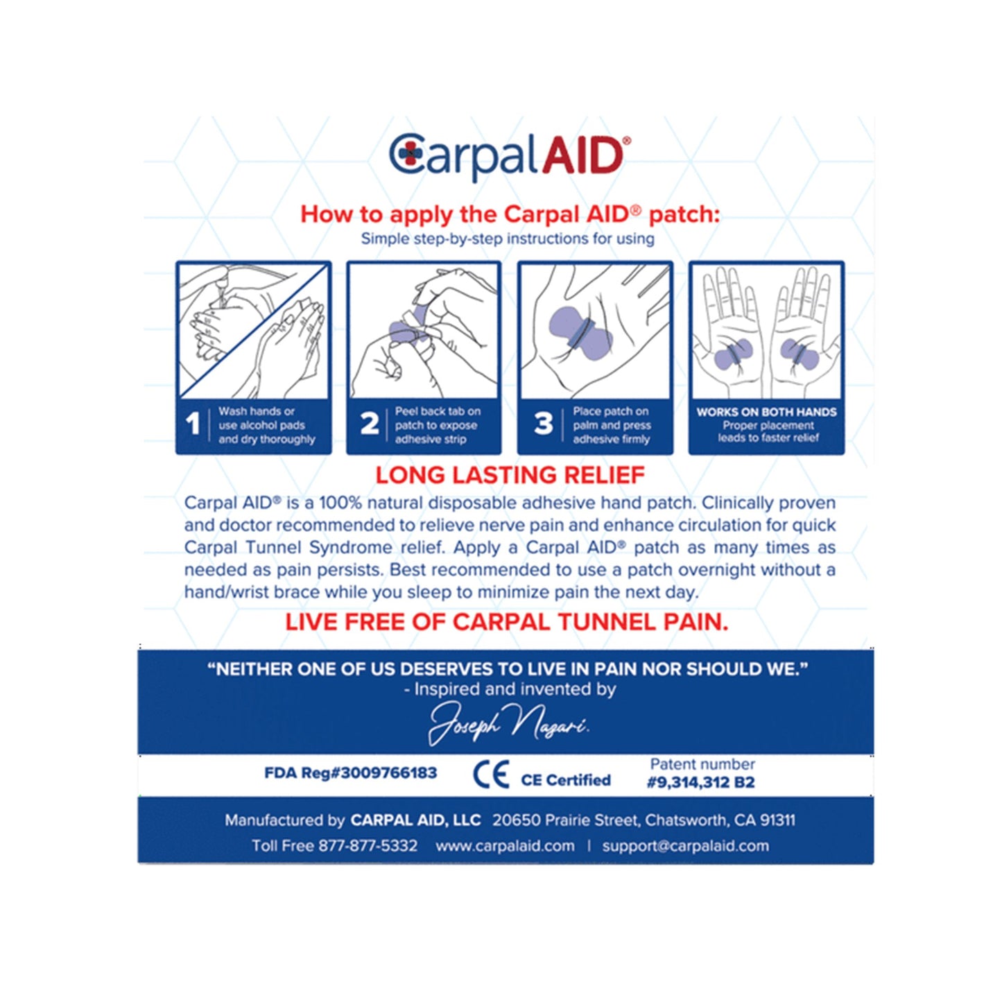 Carpal AID® Patch Hand-Based Carpal Tunnel Support Plastic Left or Right Hand Clear Small (1233611_PK)