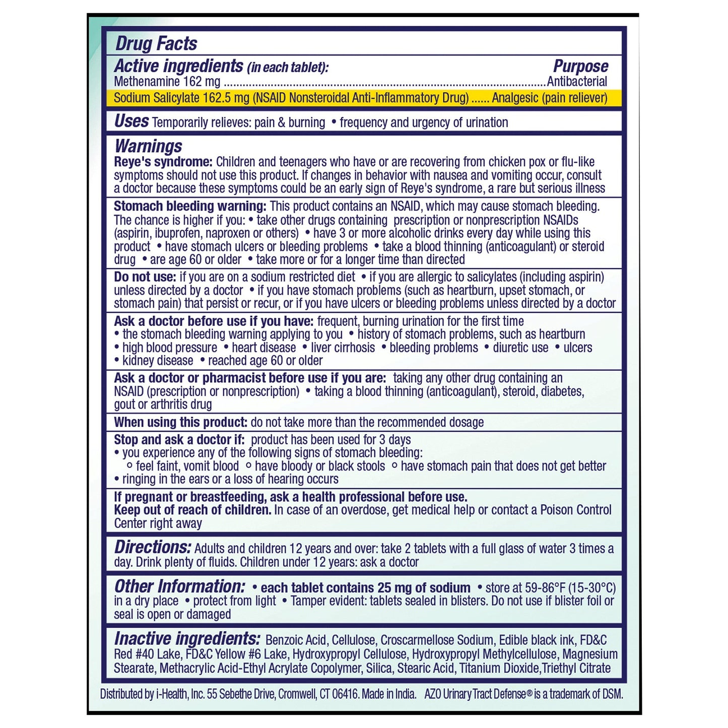 AZO® Urinary Tract Defense Urinary Pain Relief 162 mg - 162.5 mg Strength Methenamine / Sodium Salicylate Tablet 18 per Box (1268935_BX)