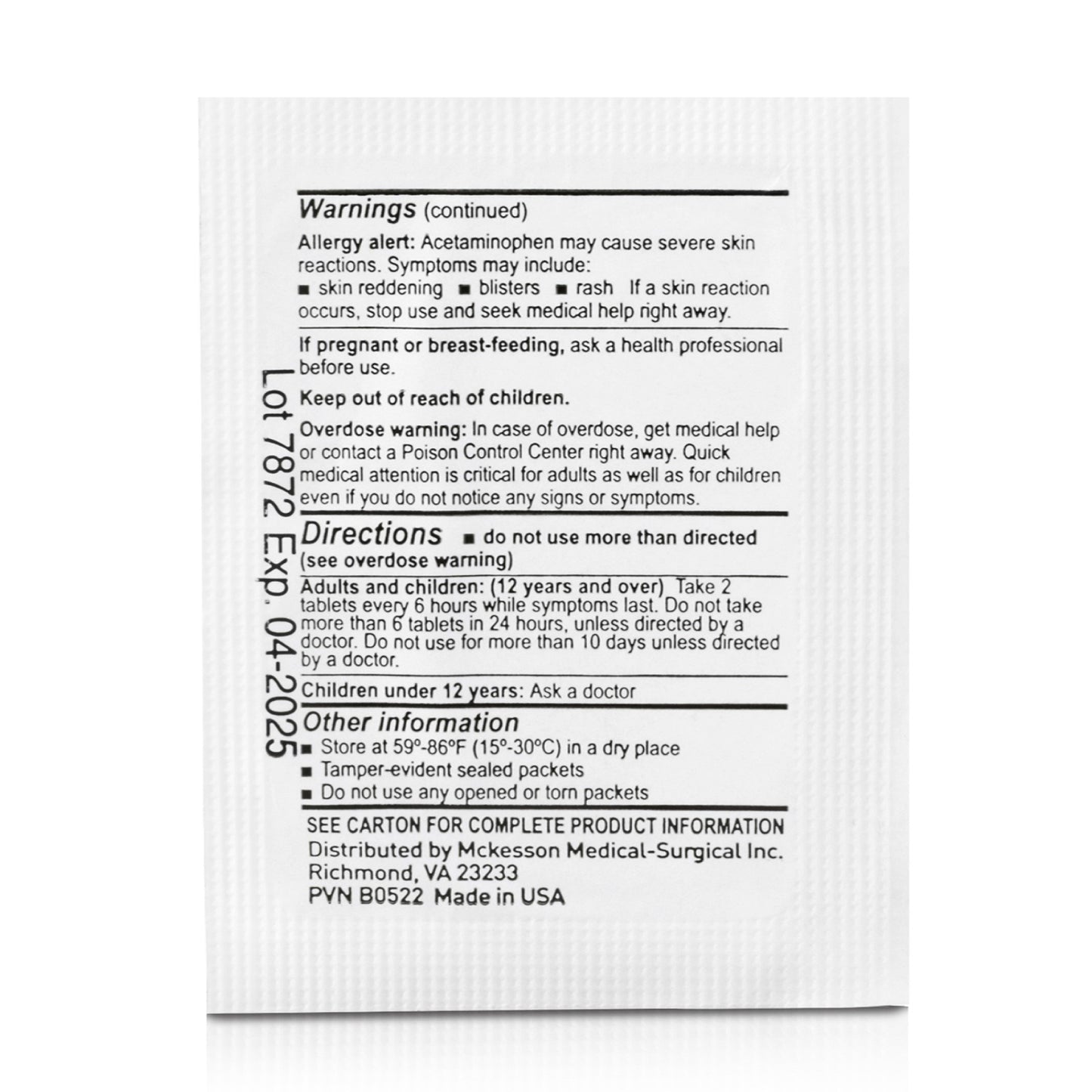 McKesson Pain Relief 500 mg Strength Acetaminophen Unit Dose Tablet 250 per Box (1111740_BX)