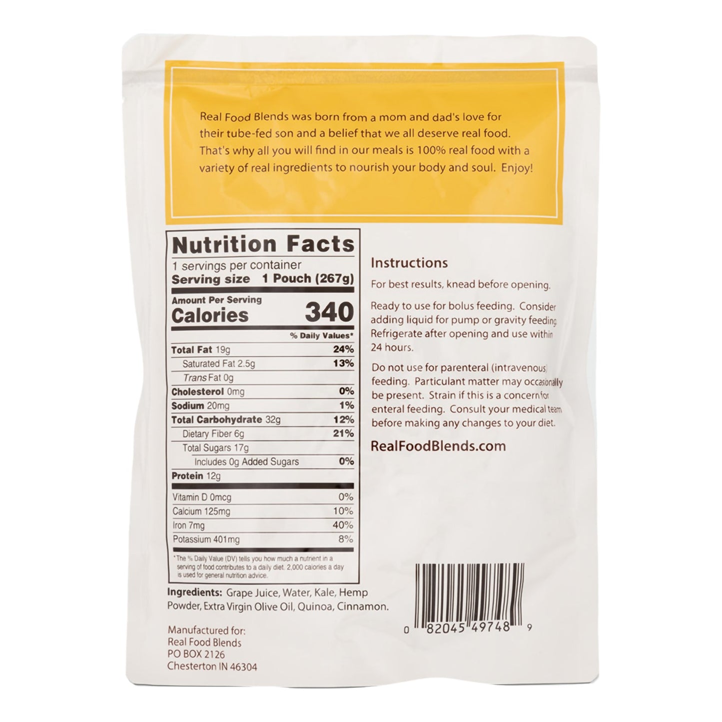 Real Food Blends® Tube Feeding Formula Quinoa / Kale / Hemp Flavor Liquid 9.4 oz. Pouch (979852_CS)
