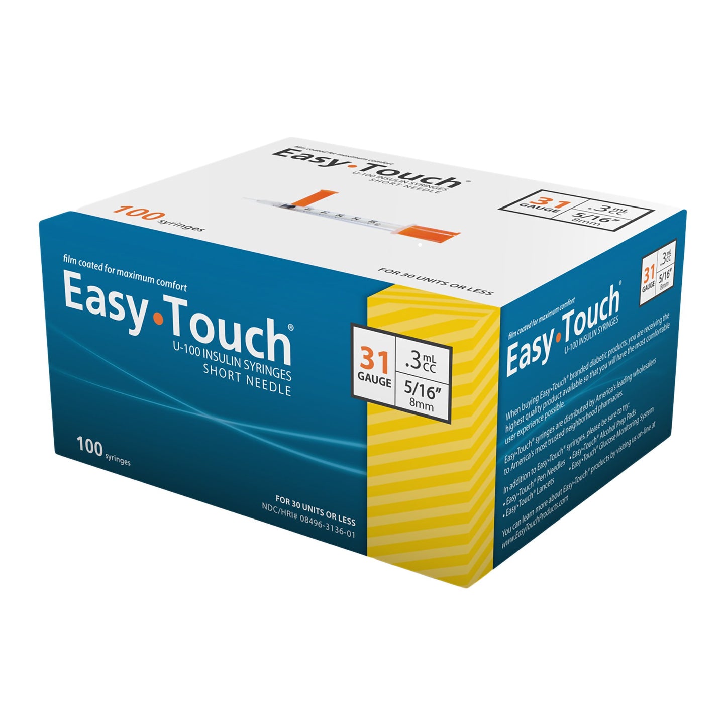 EasyTouch™ Standard Insulin Syringe with Needle 0.3 mL 5/16 Inch 31 Gauge NonSafety Thin Wall (1156899_BX)