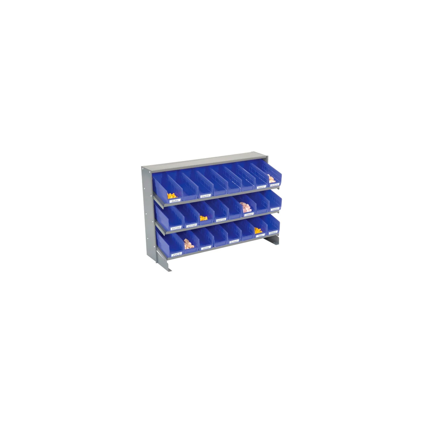 Global Industrial 3 Shelf Bench Pick Rack - 24 Blue Shelf Bins 4 Inch Wide 33x12x21 (WB603424BL)