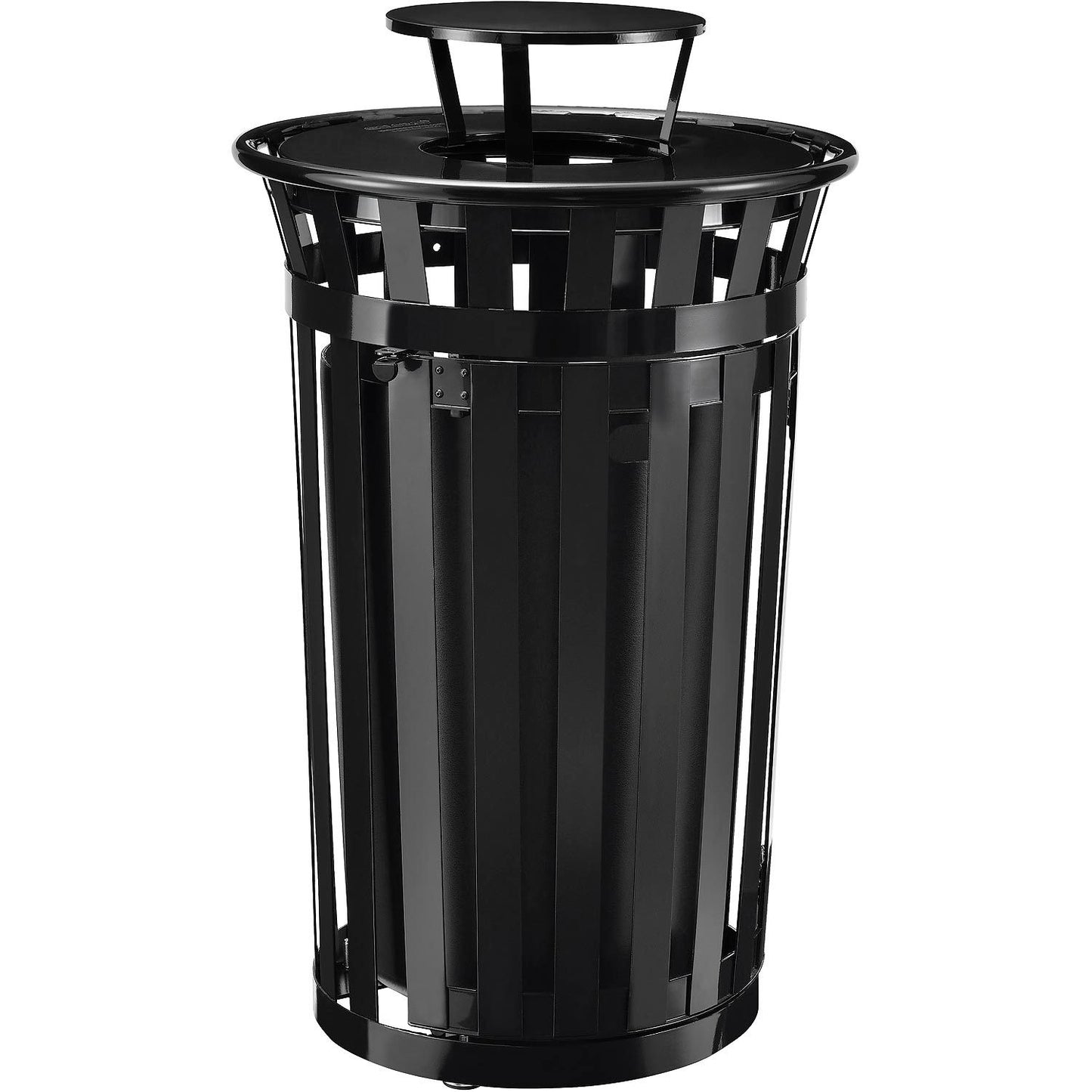 Global Industrial Outdoor Slatted Steel Trash Can W/Access Door & Rain Bonnet Lid,36 Gal,Black (WB261941BK)