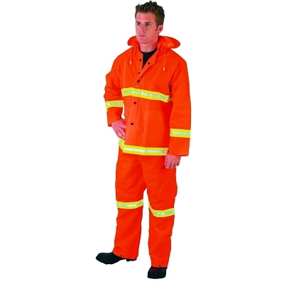 MCR Safety Luminator™ 3-Piece Rain Suit, Lime Stripe, 0.35 mm, PVC/Poly, Orange, Large (611-2013RL)
