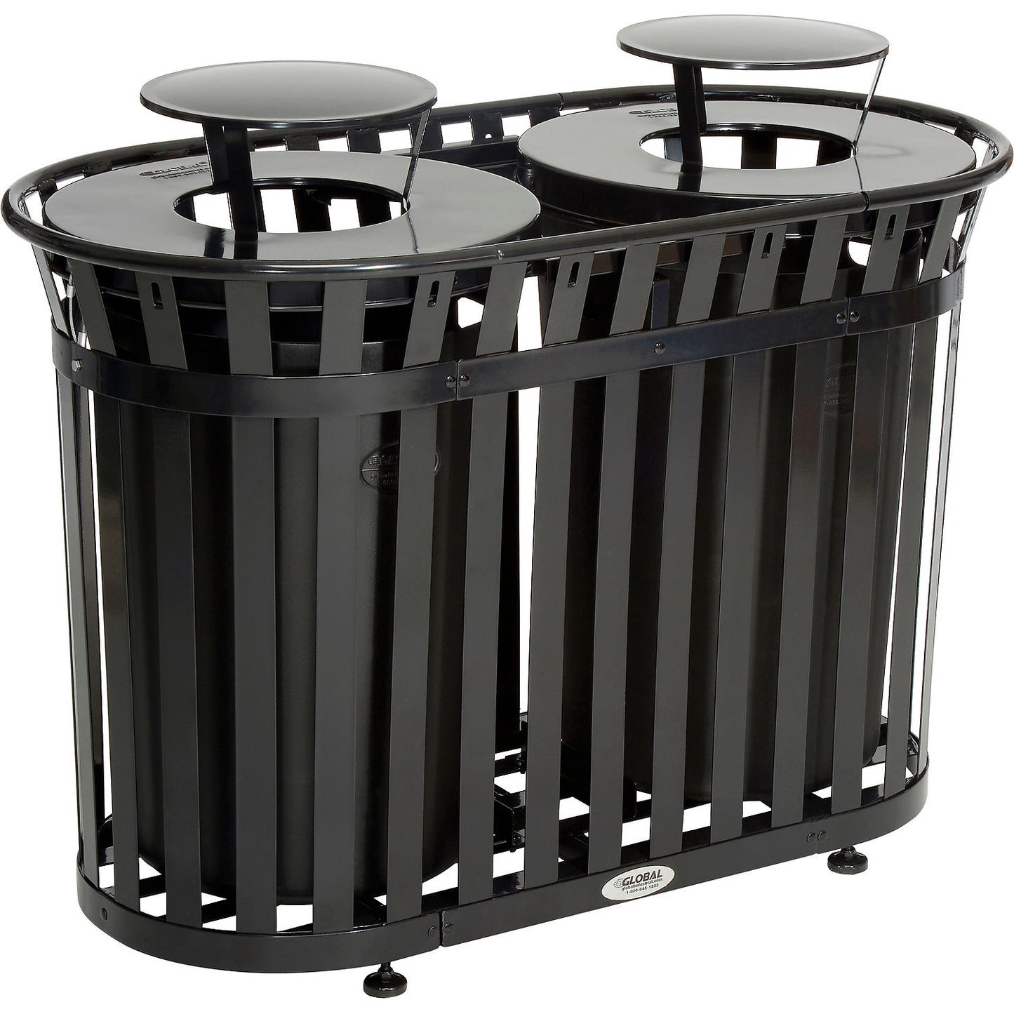 Global Industrial Outdoor Slatted Steel Trash Can With Rain Bonnet Lid, 72 Gallon, Black (WB641432BK)