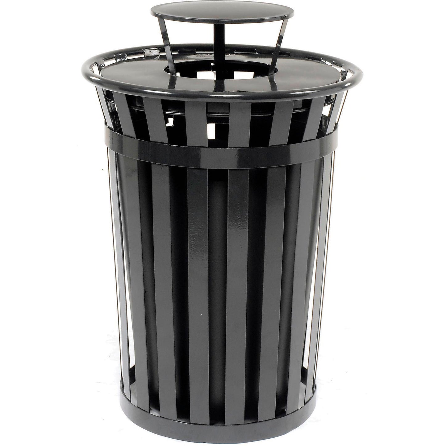 Global Industrial Outdoor Slatted Steel Trash Can With Rain Bonnet Lid, 36 Gallon, Black (WB260804BK)