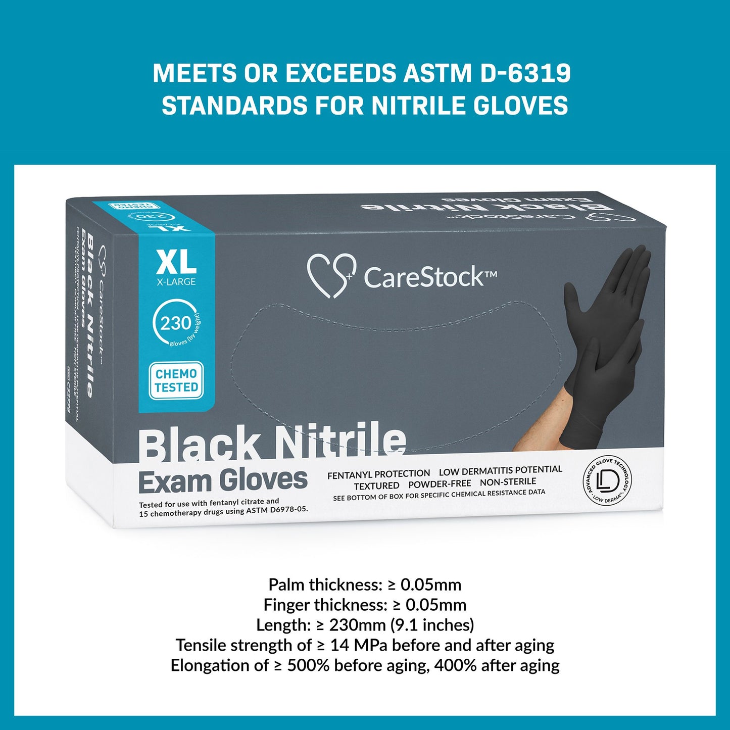 CareStock™ Exam Glove X-Large NonSterile Nitrile Standard Cuff Length Fully Textured Black Not Rated (1230895_CS)
