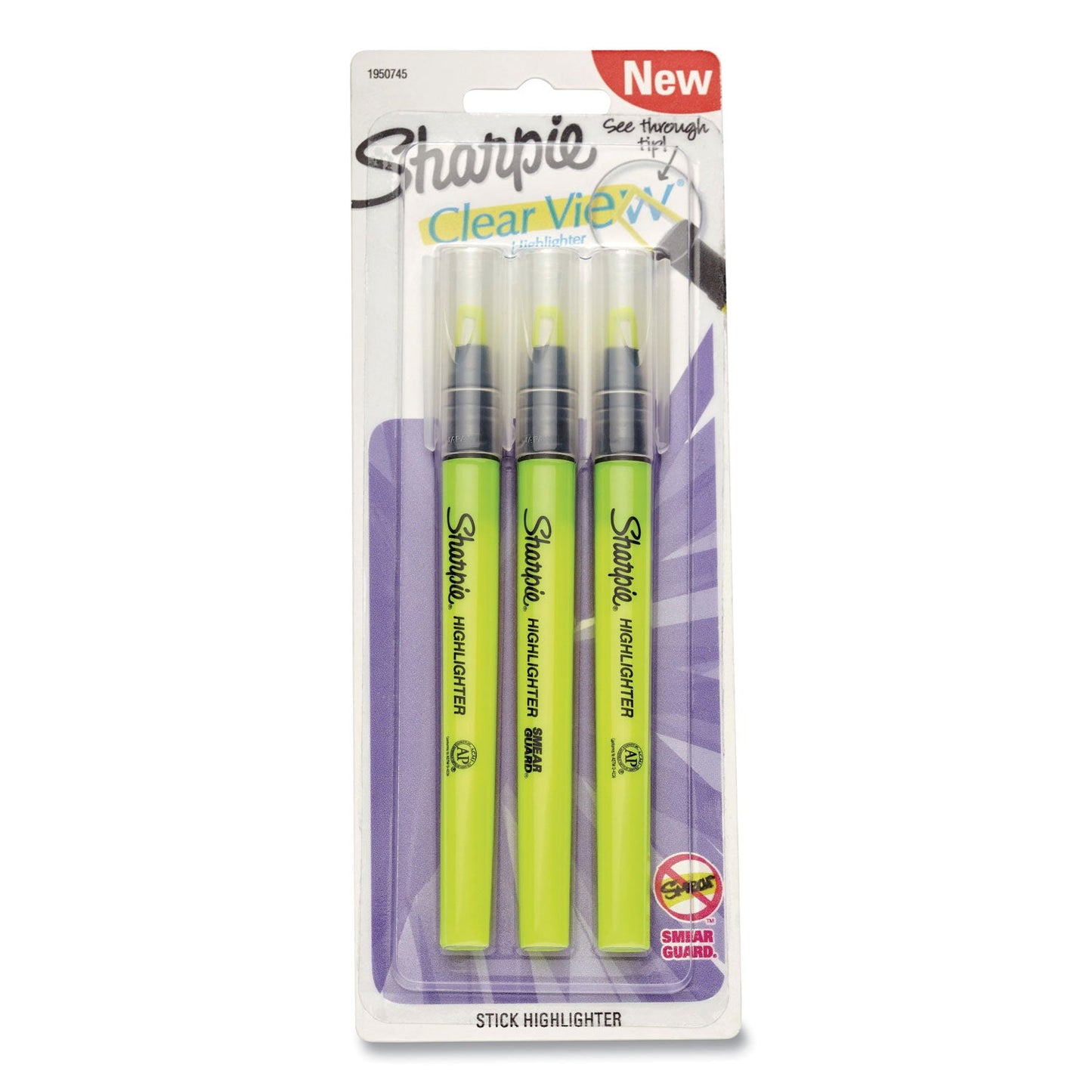 Sharpie® Clearview Pen-Style Highlighter, Fluorescent Yellow Ink, Chisel Tip, Yellow/Black/Clear Barrel, 3/Pack (SAN1950745)