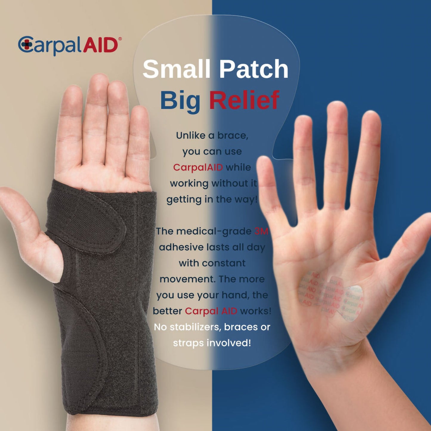 Carpal AID® Patch Hand-Based Carpal Tunnel Support Plastic Left or Right Hand Clear One Size Fits Most (1254009_PK)