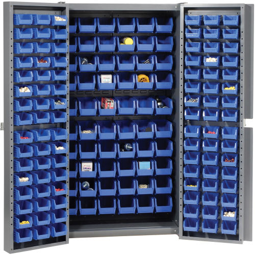 Global Industrial Bin Cabinet Deep Door - 156 Blue Bins, 16-Gauge Assembled Cabinet 38x24x72 (WB662132BL)