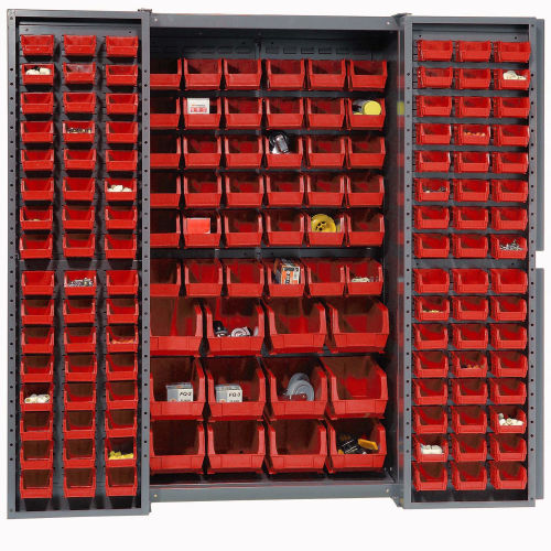 Global Industrial Bin Cabinet Deep Door - 144 Red Bins, 16Ga. Assembled Cabinet 38 x 24 x 72 (WB662133RD)