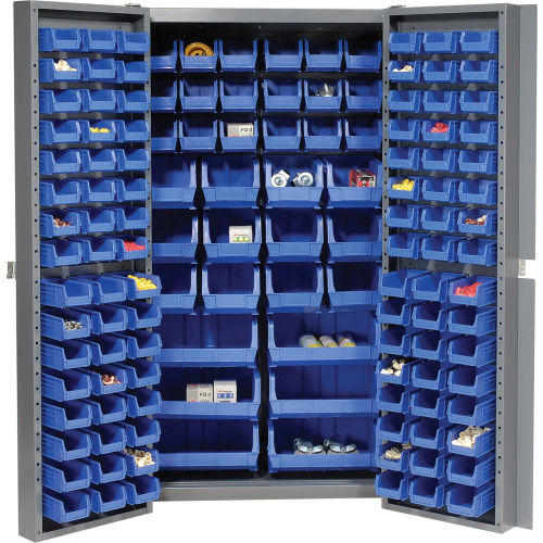 Global Industrial Bin Cabinet Deep Door - 132 Blue Bins, 16-Gauge Assembled Cabinet 38x24x72 (WB662147BL)