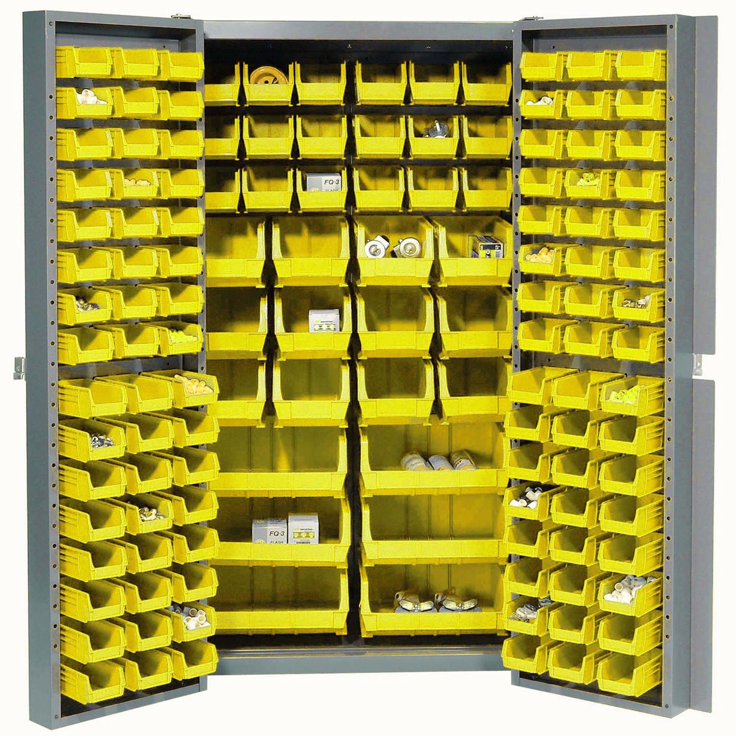 Global Industrial 16-Gauge Deep Door Bin Cabinet, 132 Yellow Bins, 38" x 24" x 72", Assembled (WB662147YL)
