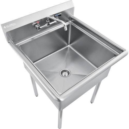 Global Industrial Stainless Steel Utility Sink W/Faucet & 8" Backsplash, 24"x24"x12" Deep (WB670452)
